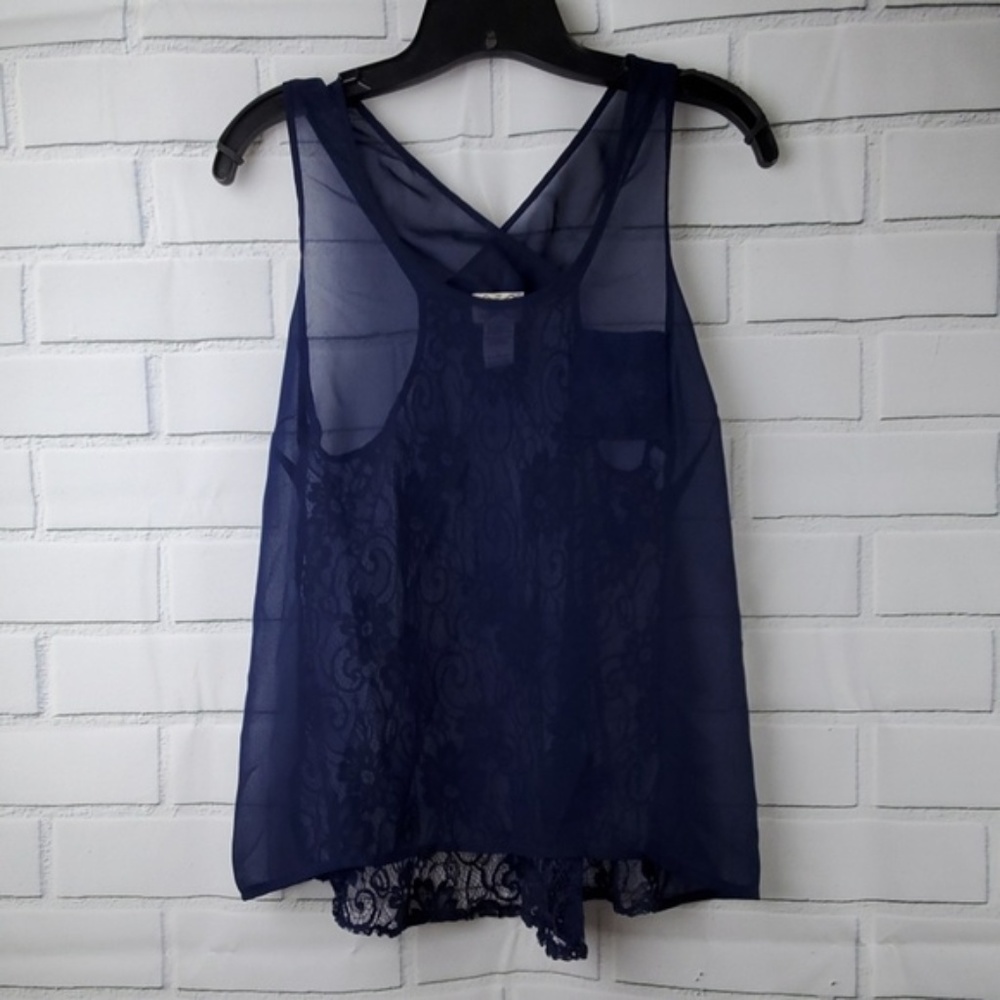 Eyelash Couture sheer navy tank with lace back